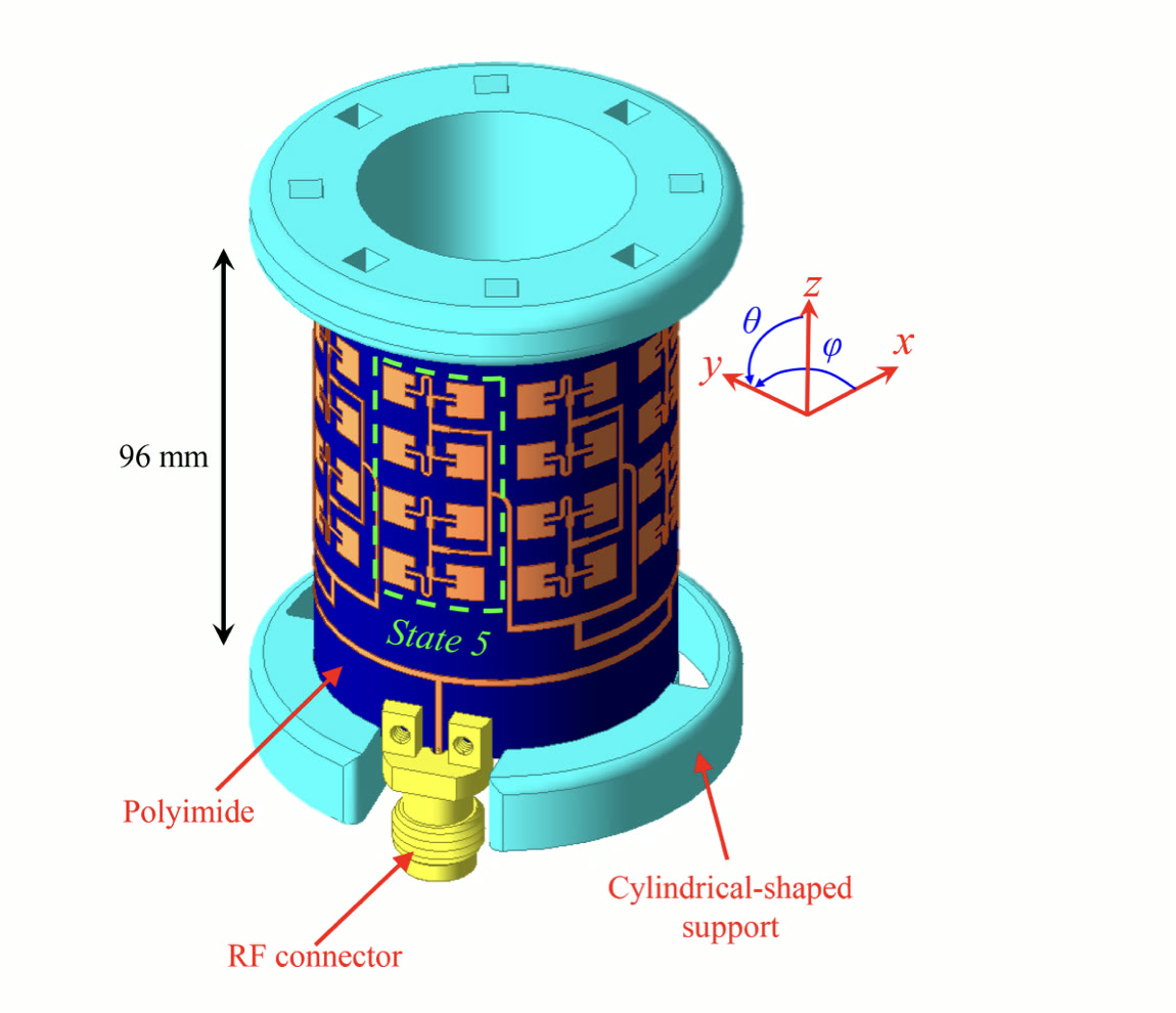Model of the cylindrical conformal antenna: a patch array wrapped around a 96 mm tall cylindrical support with an RF connector.