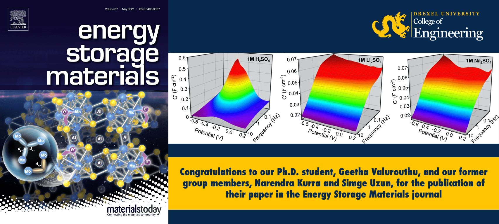 Congratulations to Our Ph.D. student, Geetha Valurouthu, and Our Former Group Members, Narendra Kurra and Simge Uzun, for the Publication of Their Paper in the Energy Storage Materials Journal